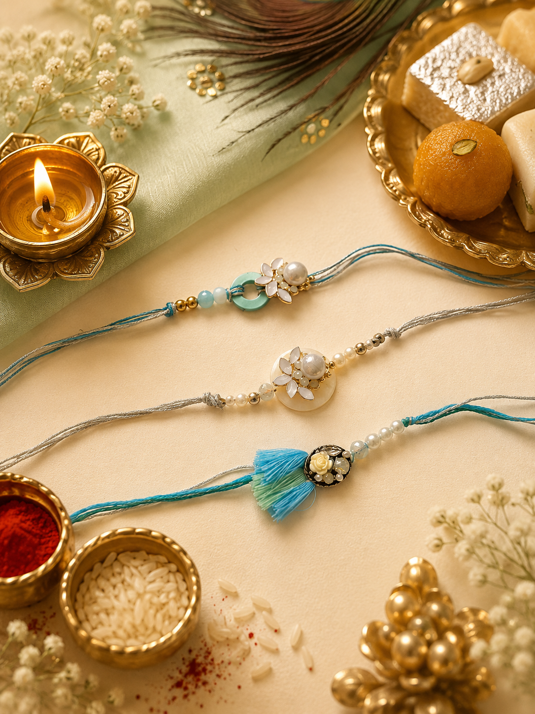 LUXURY PASTEL PEARL FLORAL RAKHI COMBO SET
