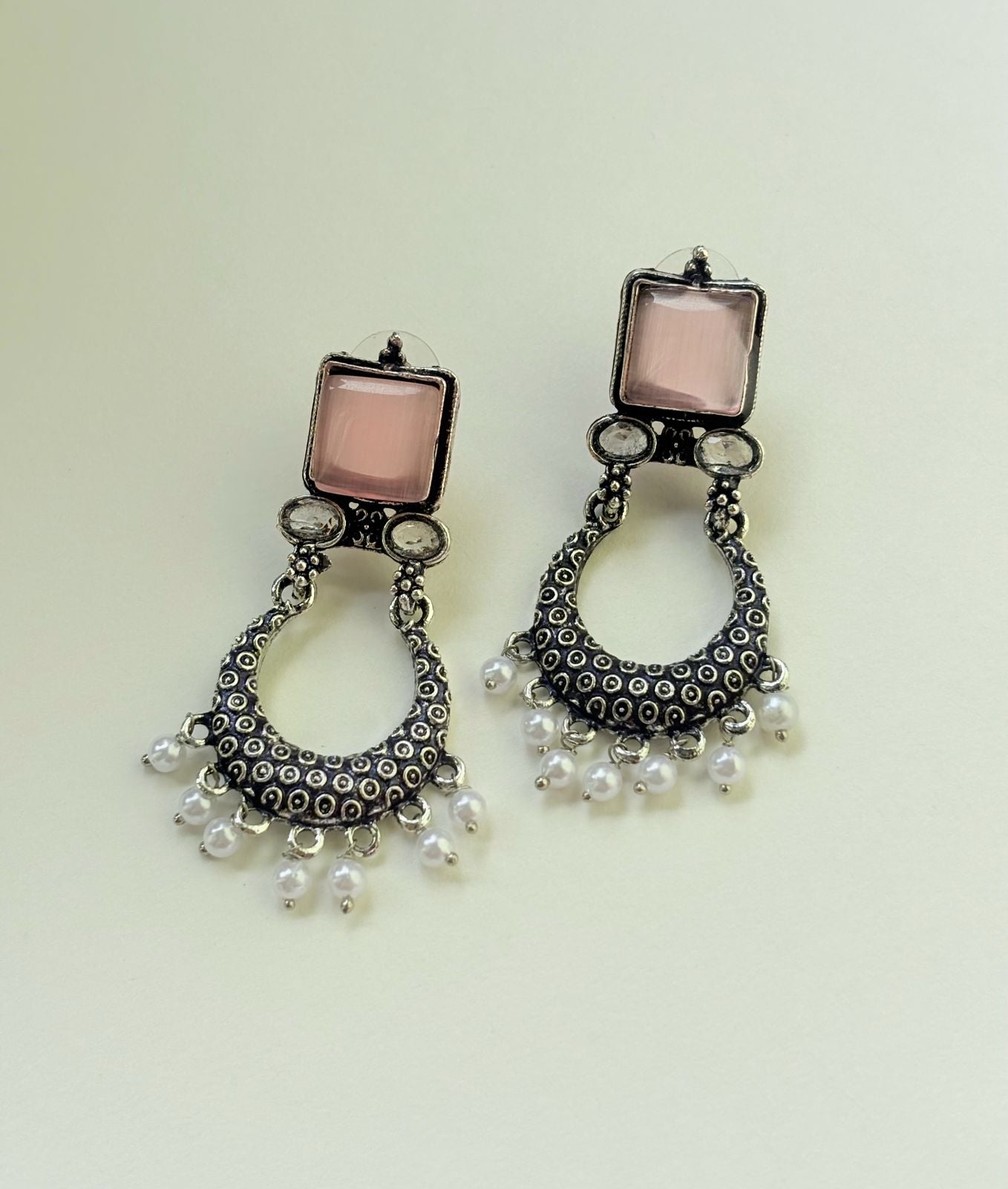 OXIDIZED PINK STONE DROP EARRINGS