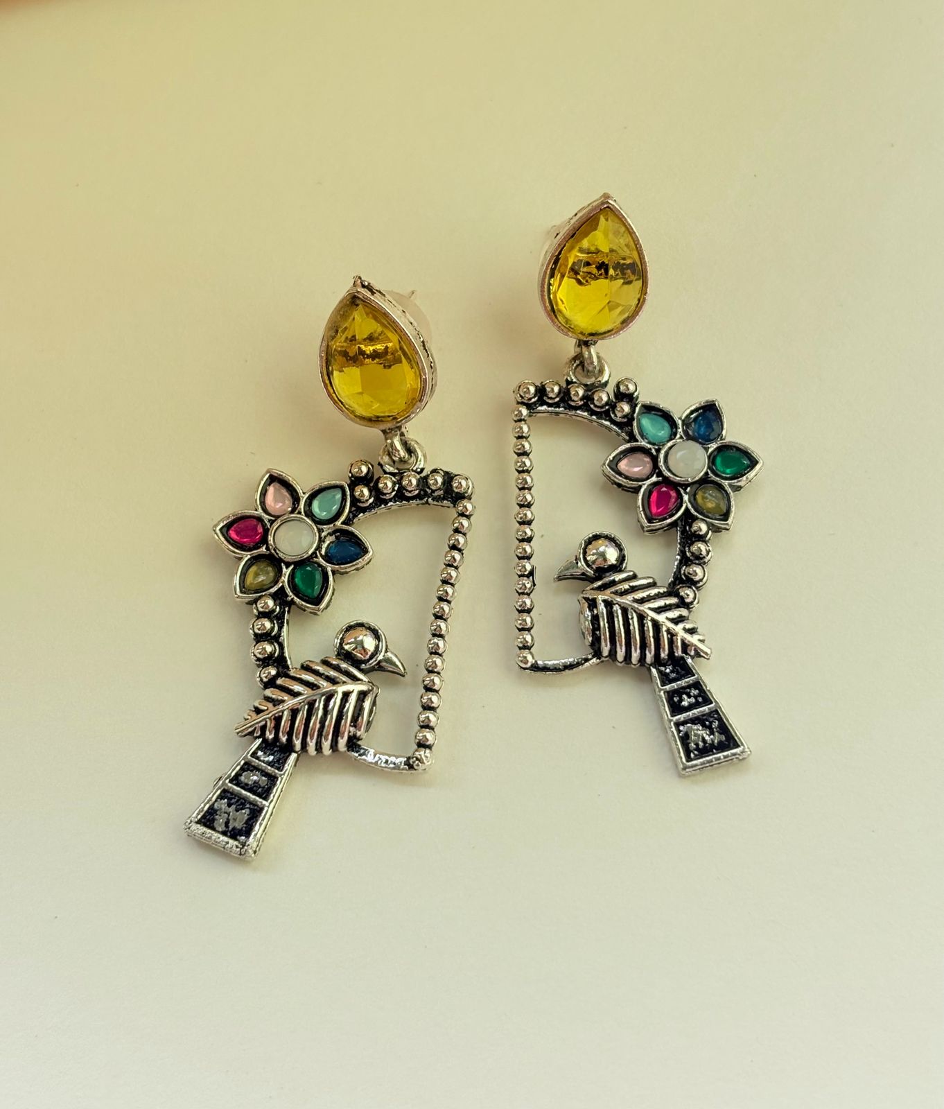 OXIDIZED PEACOCK FLORAL STATEMENT EARRINGS