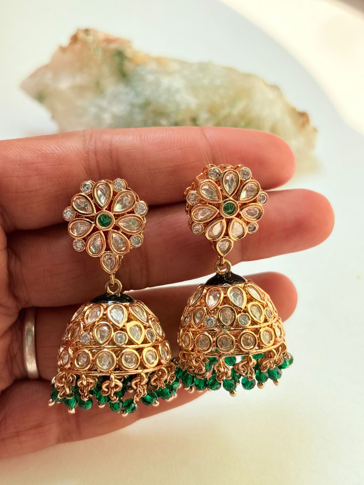 MOISSANITE FLORAL JHUMKIS WITH EMERALD GREEN BEADS
