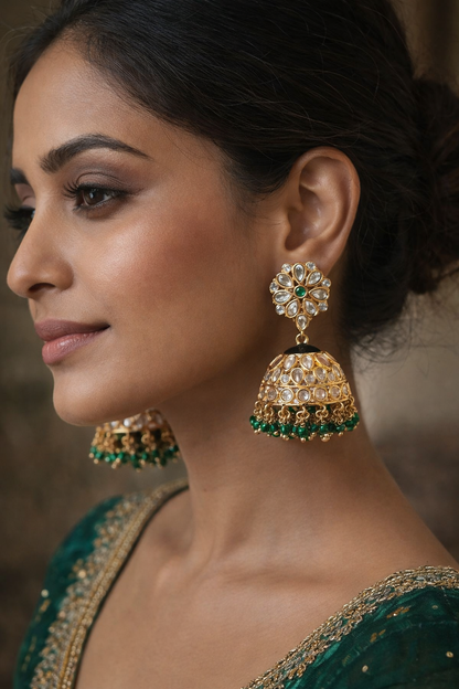 MOISSANITE FLORAL JHUMKIS WITH EMERALD GREEN BEADS