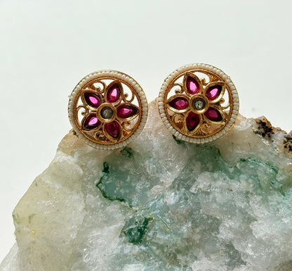 Ruby Flower Stud Earrings – Traditional Gold Finish