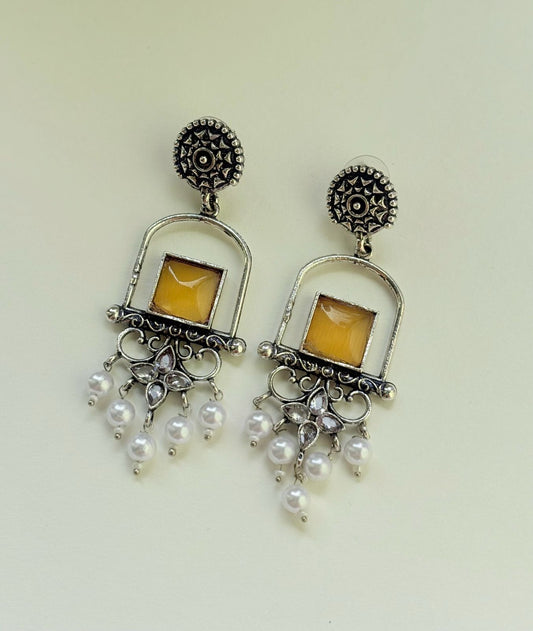 VINATAGE OXIDIZED SILVER STONE & PEARL STATEMENT EARRINGS