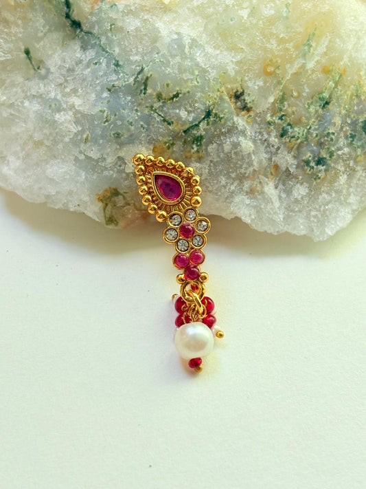RUBY STONE & PEARL DROP GOLD NOSEPIN