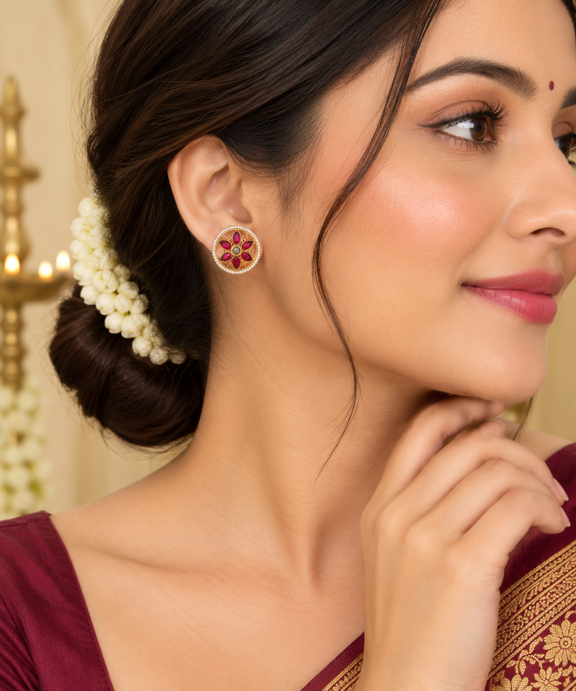 Ruby Flower Stud Earrings – Traditional Gold Finish