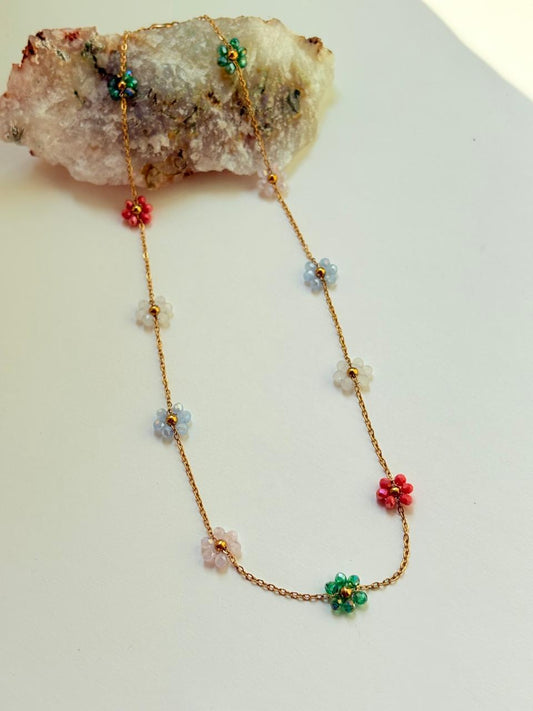 MULTICOLOR FLORAL BEADED CHAIN NECKLACE