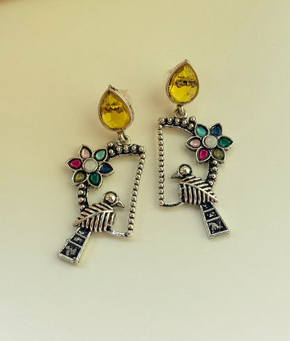 OXIDIZED PEACOCK FLORAL STATEMENT EARRINGS