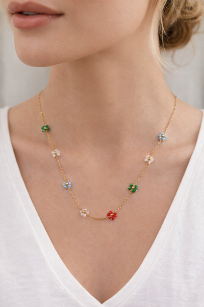 MULTICOLOR FLORAL BEADED CHAIN NECKLACE