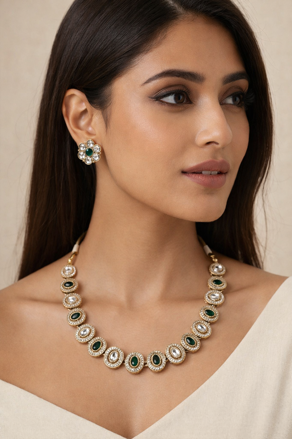 EMERALD AND CRYSTAL OVAL NECKLACE